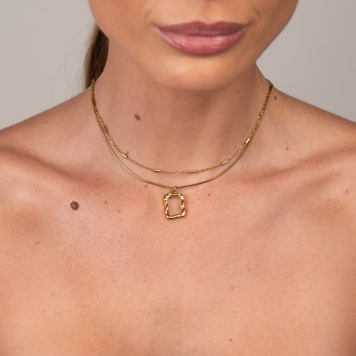 Women's Stainless Steel 18K Gold-Plated Set – Abstract Pendant Necklace, Layered – Meiva set view 3