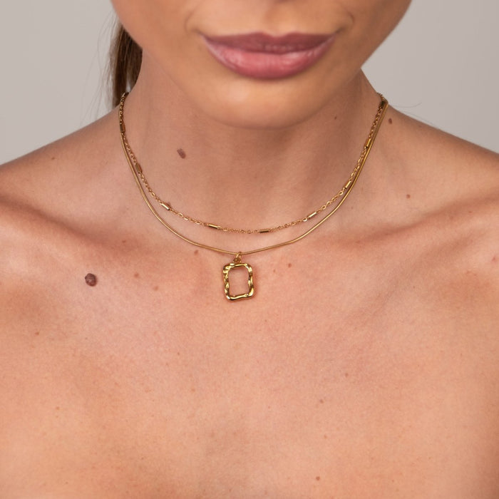 Women's Stainless Steel 18K Gold-Plated Set – Abstract Pendant Necklace, Layered – Meiva set view 4
