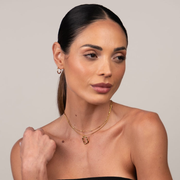 Women's Stainless Steel 18K Gold-Plated Set – Abstract Pendant Necklace, Layered – Meiva set view 7