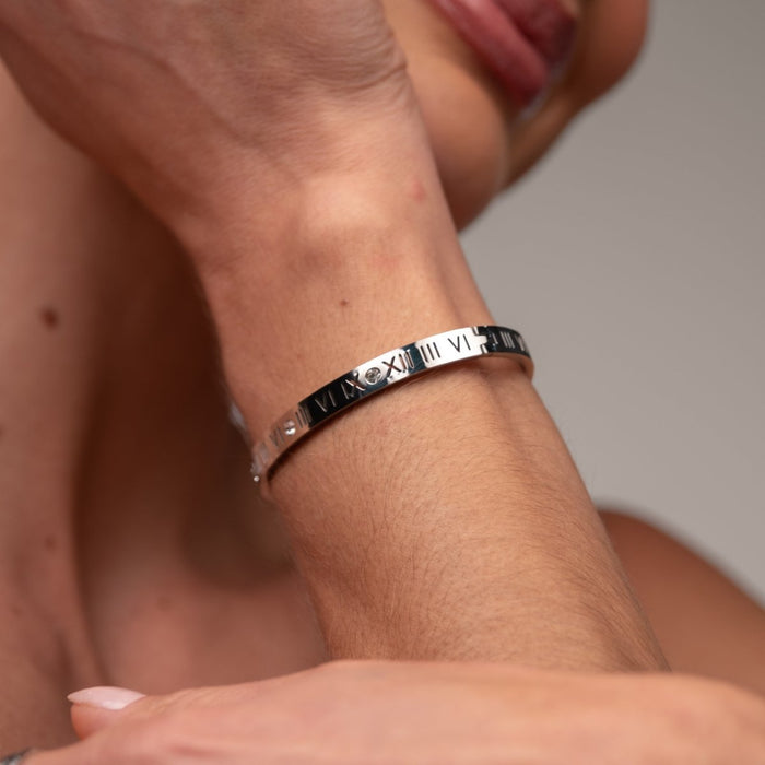Women's Stainless Steel Bracelet – Bangle Roman Numeral Cuff Silver – Meiva bracelet view 6