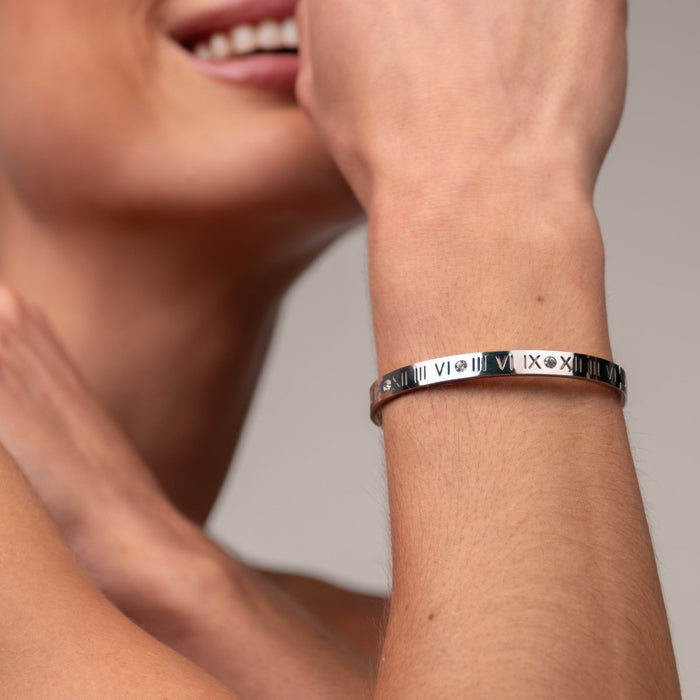 Women's Stainless Steel Bracelet – Bangle Roman Numeral Cuff Silver – Meiva bracelet view 8