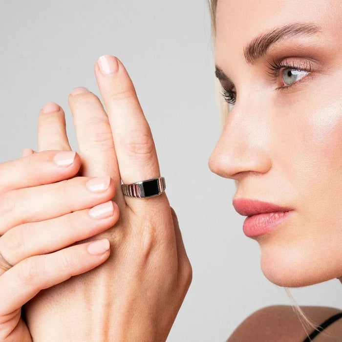 Women's Stainless Steel Ring – Noir Silver, Layered – Meiva ring view 2